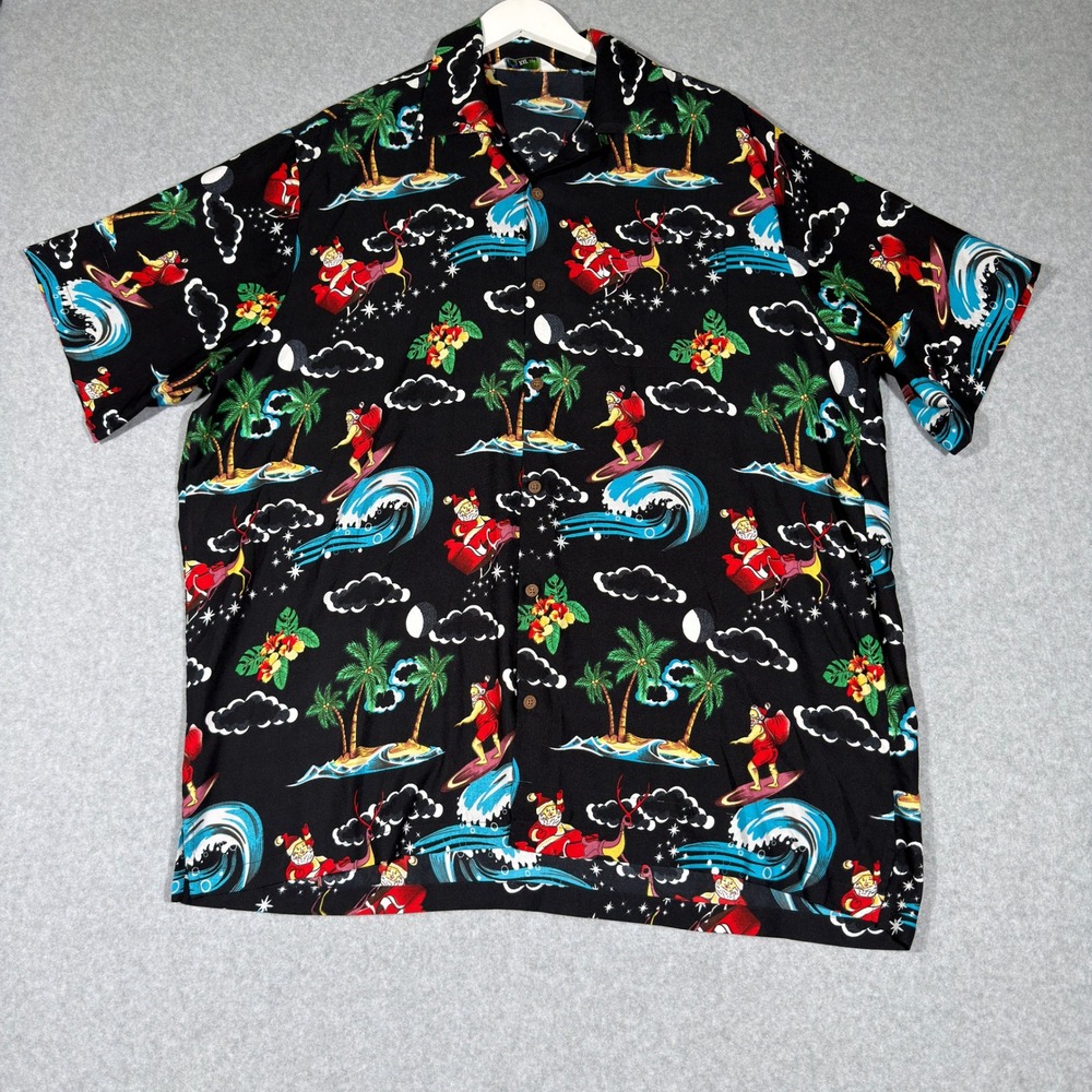 Alvish Mens XXL Surfing Santa Christmas Hawaiian Shirt Black Tropical Holiday